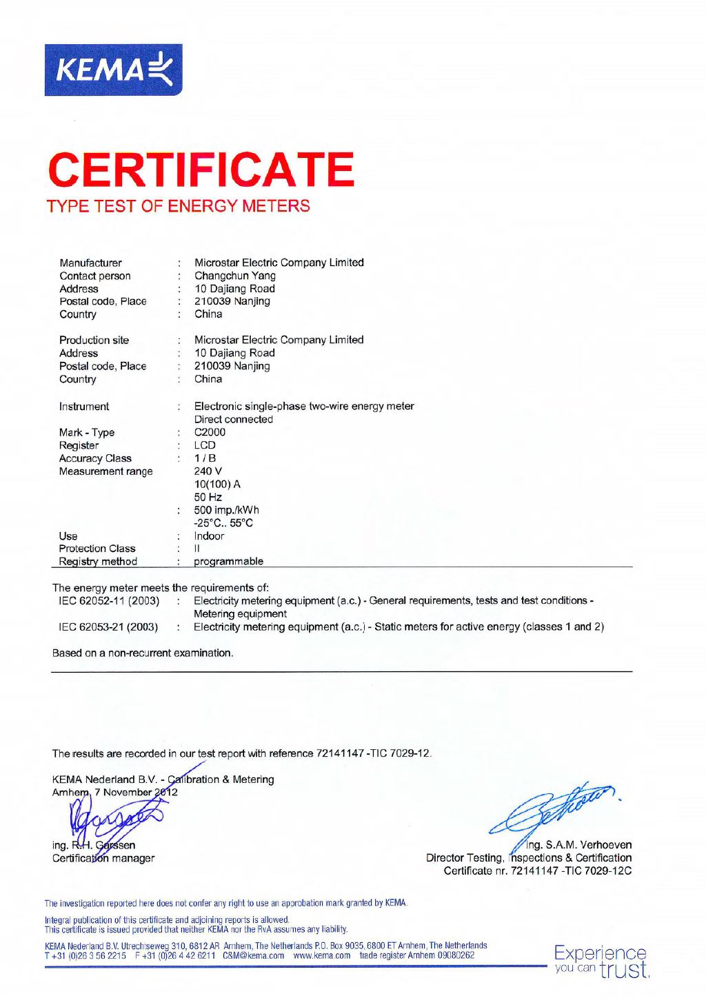 Microstar C2000 Smart Meter IEC Type Test Certificate by KEMA Lab