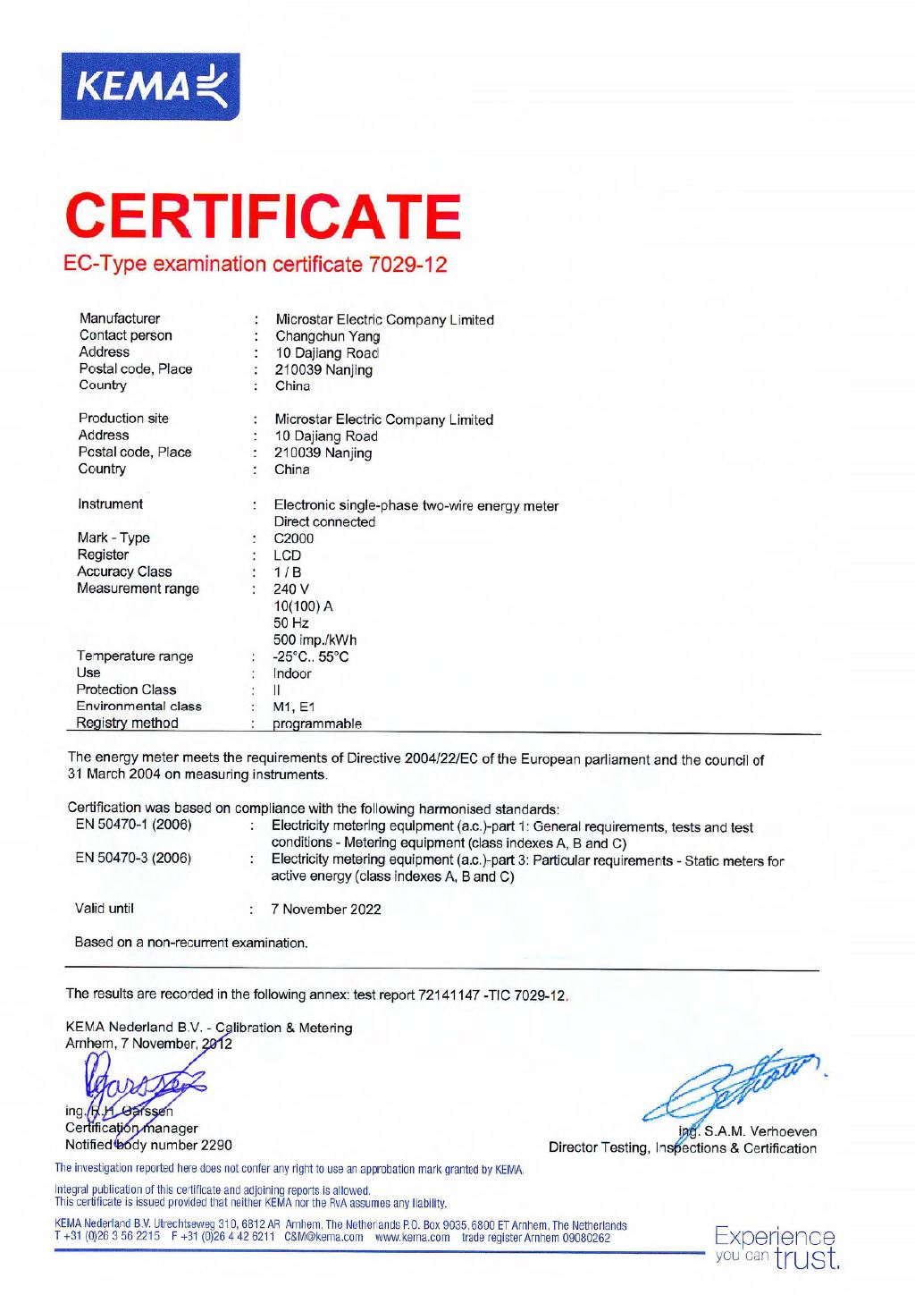 Microstar C2000 Smart Meter MID Module B Certificate by KEMA Lab