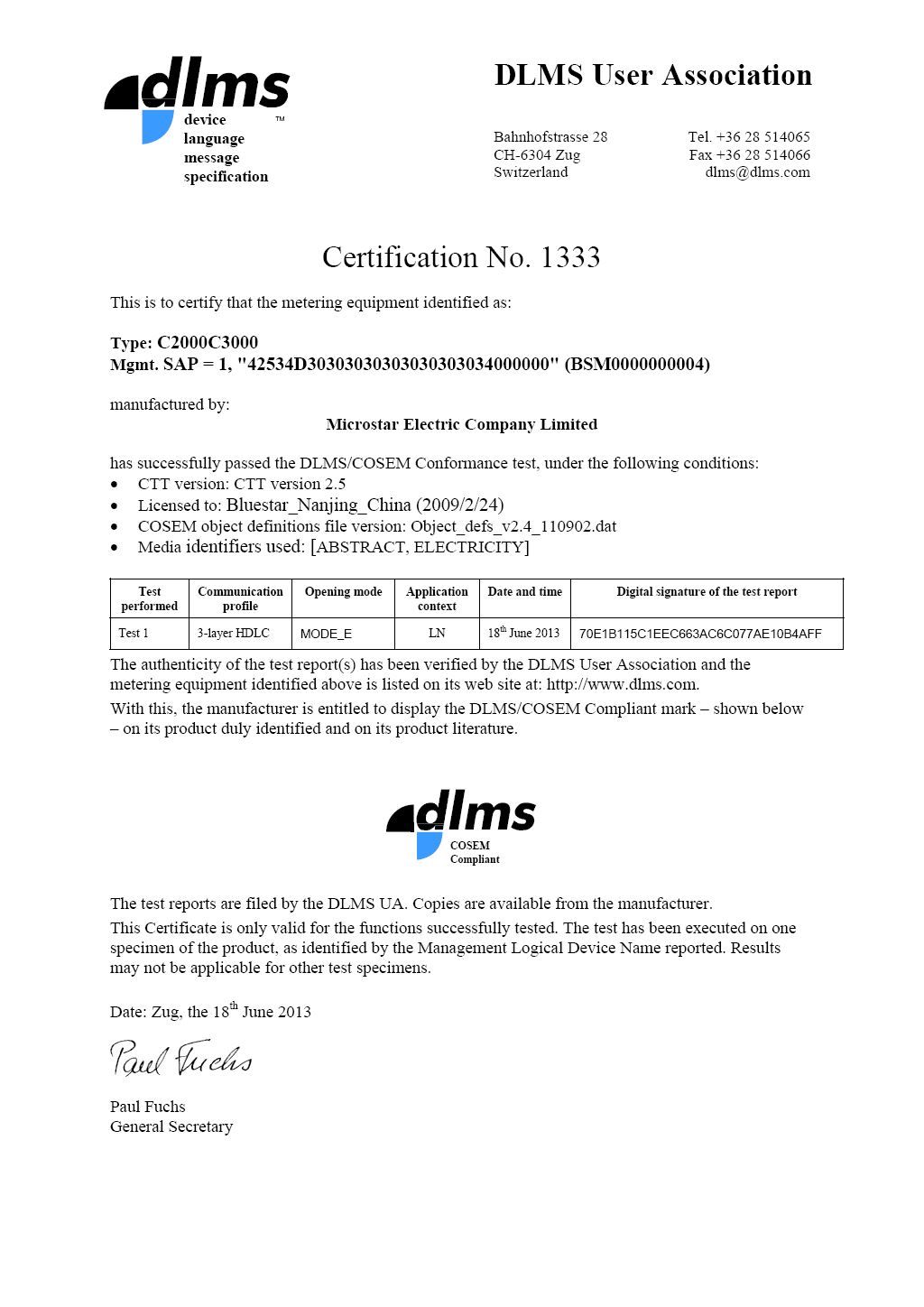 Microstar C2000 Series Smart Meter DLMS Compliance Certificate