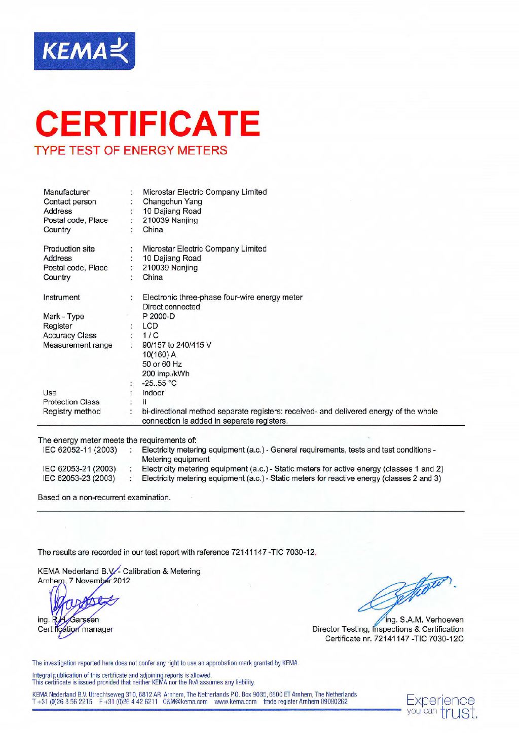 Microstar P2000-D Smart Meter IEC Type Test Certificate by KEMA Lab