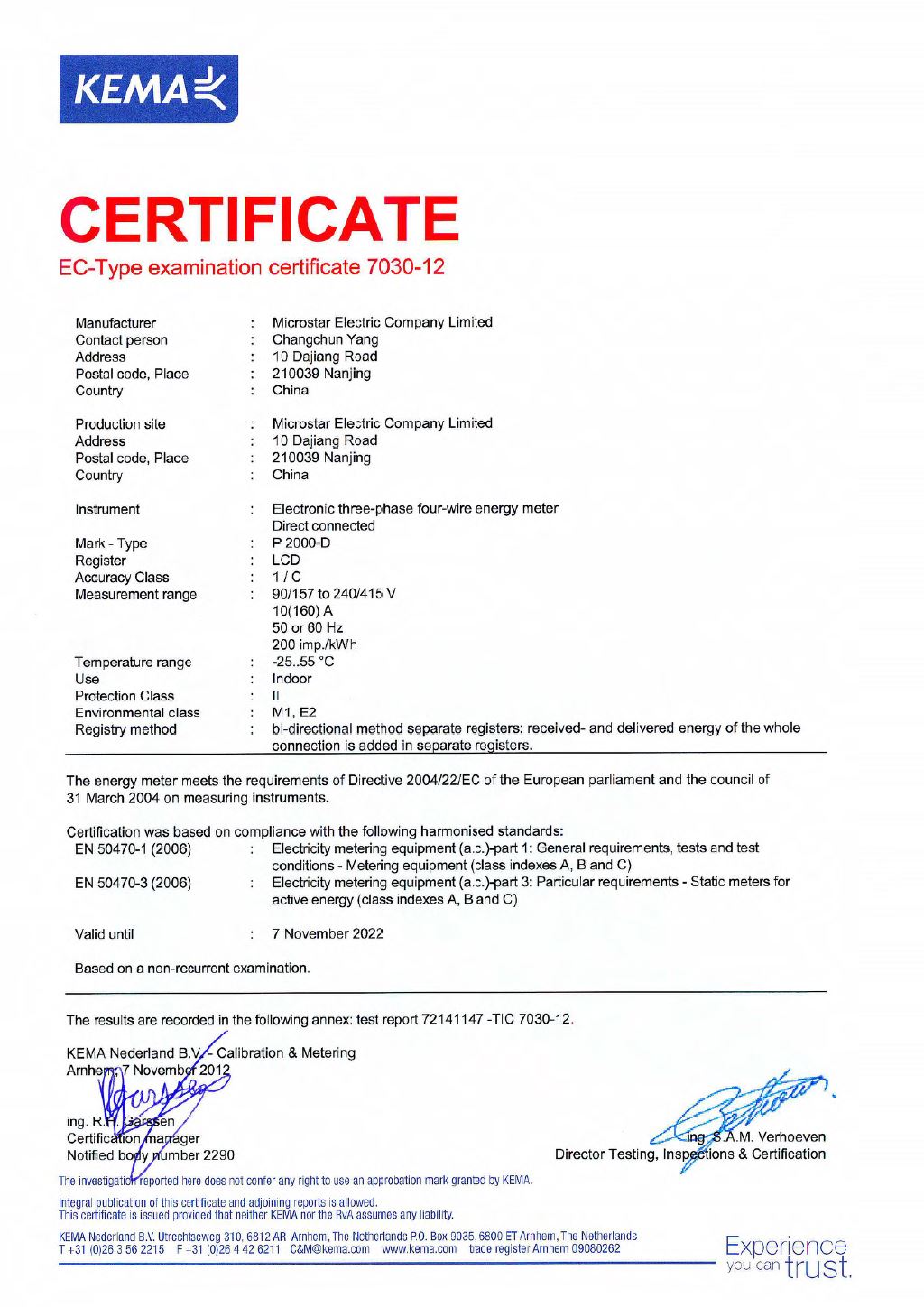 Microstar P2000-D Smart Meter MID Module B Certificate by KEMA Lab