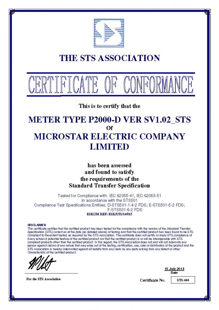 Microstar P2000D Smart Meter STS Certificate Microstar Electric