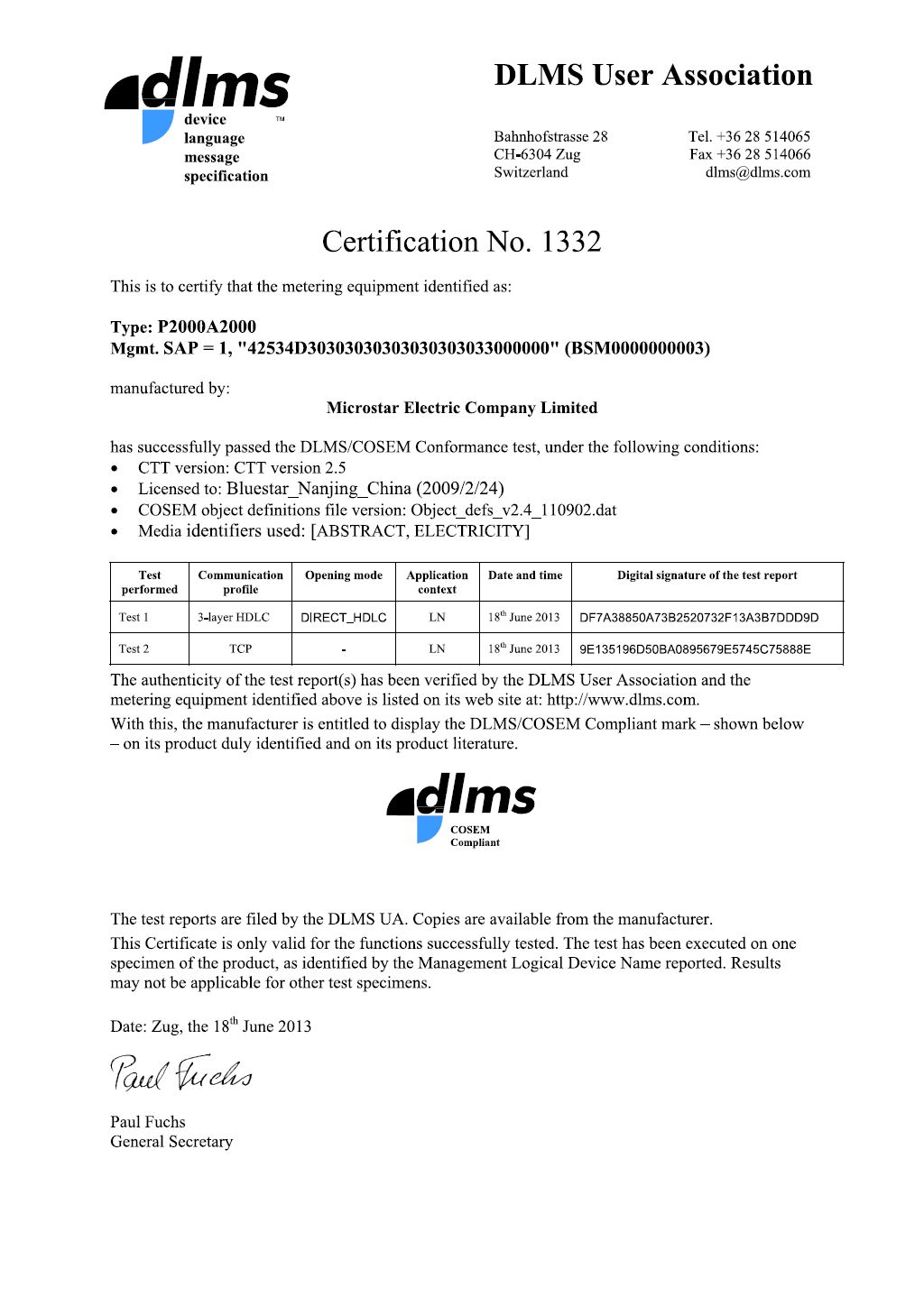 P2000 Smart Meter DLMS Certificate