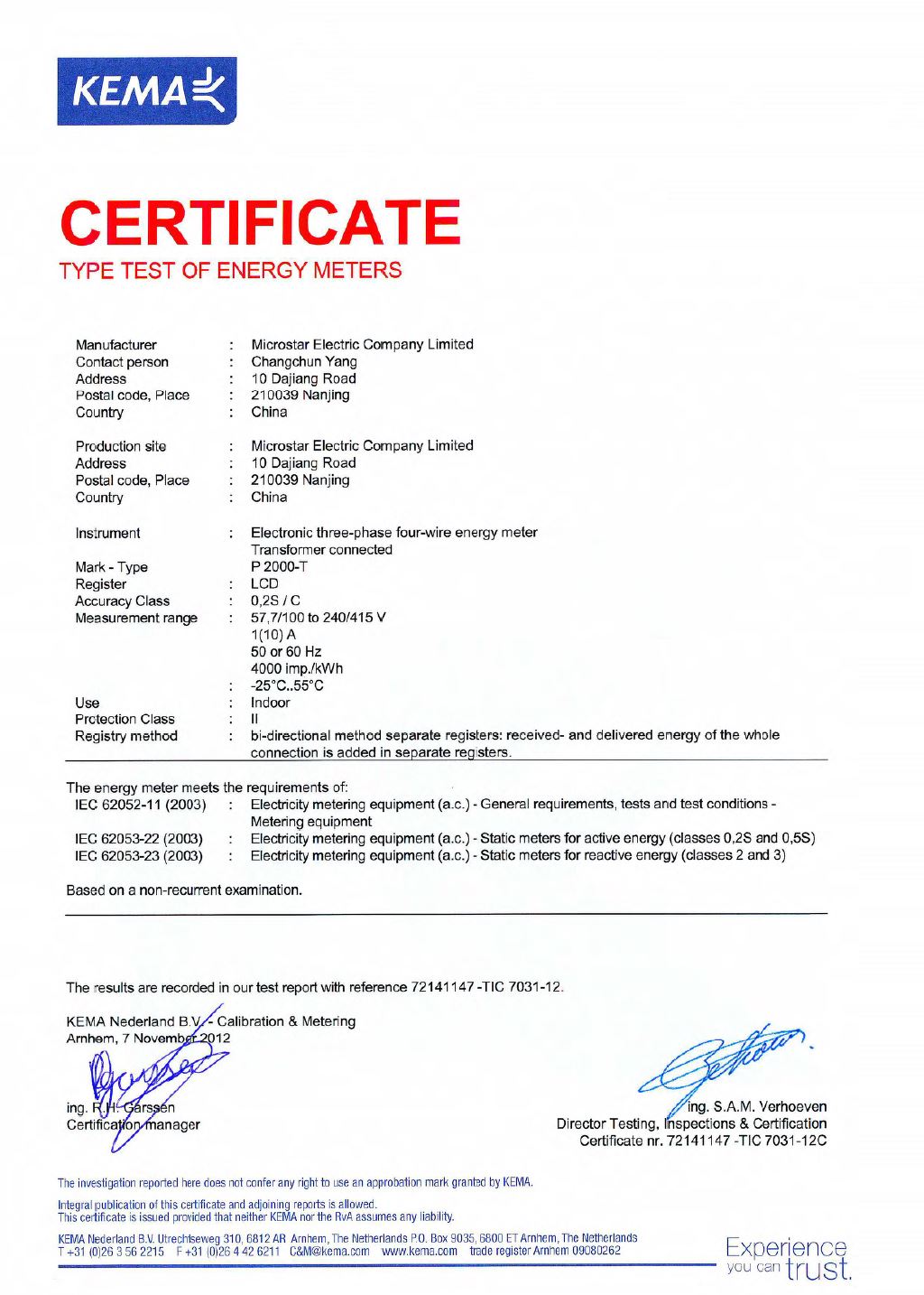 Microstar P2000-T Smart Meter IEC Type Test Certificate by KEMA Lab