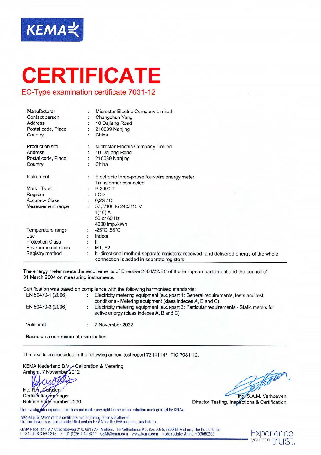 P2000-T EN50470 Class C Certificate (MID Module B)