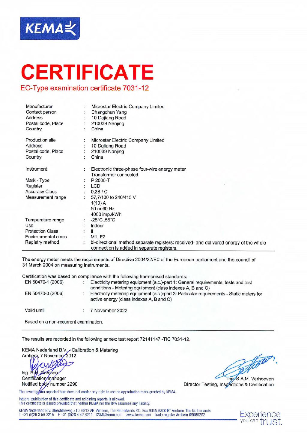 Microstar P2000-T Smart Meter MID Module B Certificate by KEMA Lab